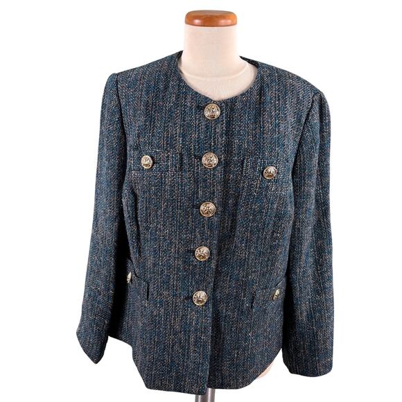 Kasper Jacket Women's Size 14W Blue Tweed Office Career Formal Lined Blazer - Picture 1 of 10